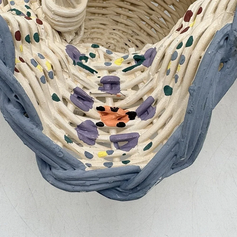 Vintage Wicker White Hand Painted Ruffle Edge Basket Cottagecore Floral 14